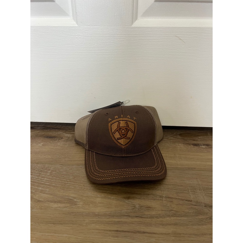 Ariat Brown Tan Mesh Back Trucker Hat Adjustable Western Shield Logo Cap NEW